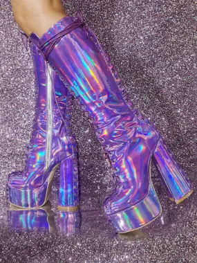 Sexy Metallic Lace Up Platform Chunky Heel Knee High Boots for Women